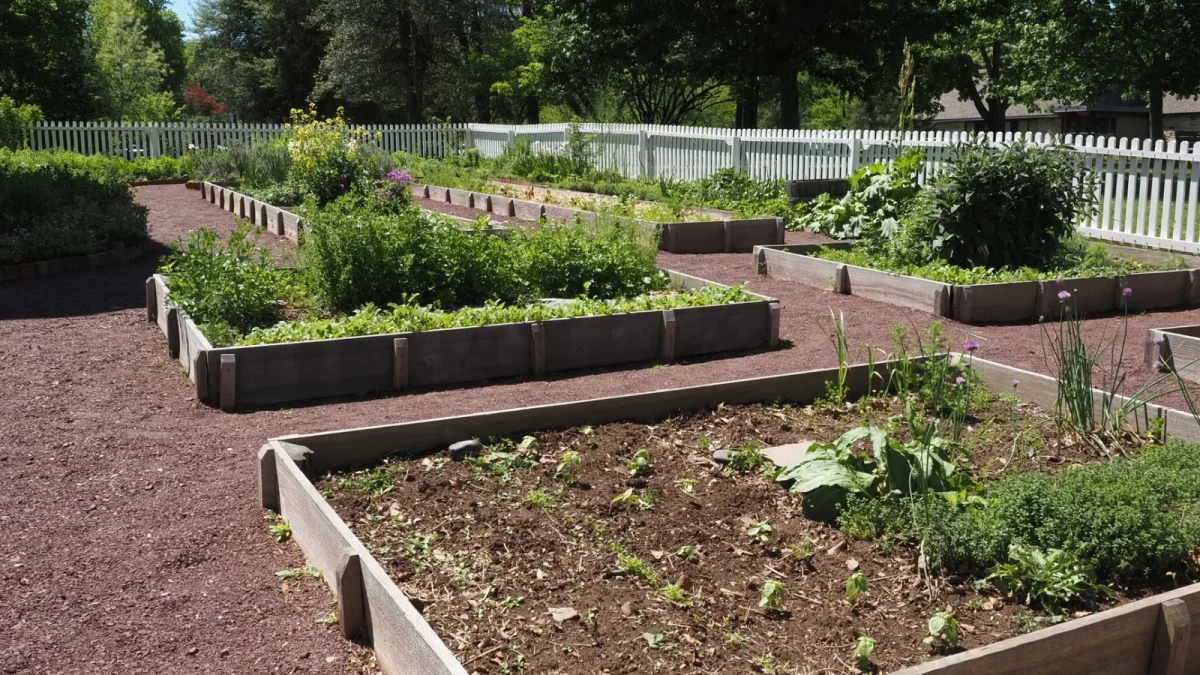 Half inch drip mainline tubing running along a vegetable bed with smaller emitter lines branching to plants