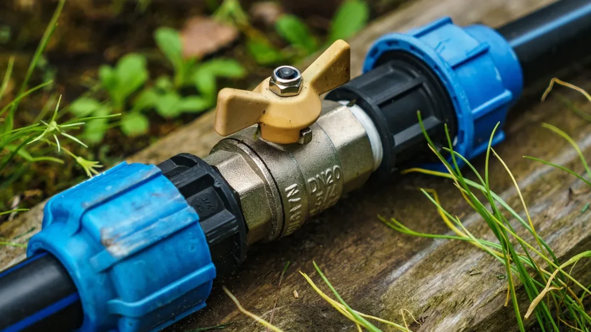 Inline pressure regulator and mesh filter connected to a garden spigot before drip tape