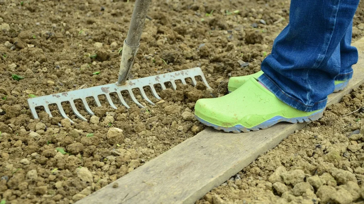 Close-up of a drip emitter releasing water onto dark raised bed soil mix
