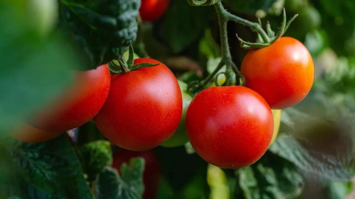 A drip emitter releasing water at the base of a tomato plant in a raised bed