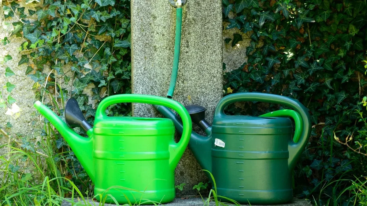 A small barbed drip emitter seated in half inch black poly tubing in a garden bed