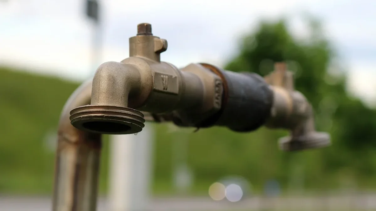 A small inline pressure regulator installed on a drip irrigation supply line